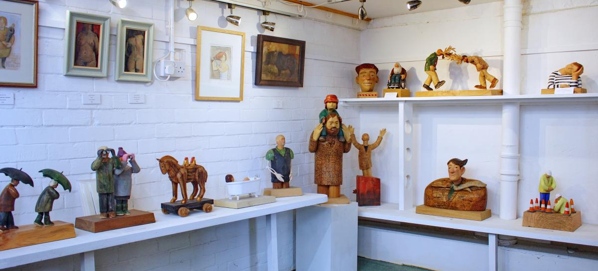 John Butler woodcarver Bideford Pannier Market shop interior